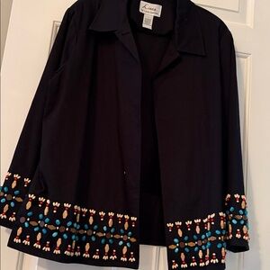 Linea by Louis Dell'Olio Black jacket and pant suit with Colorful Embellishments